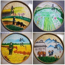 Bamboo sieve round dustpan painting bamboo flat sieve bamboo round pendant hot pot restaurant Wall rural Series hanging painting village committee