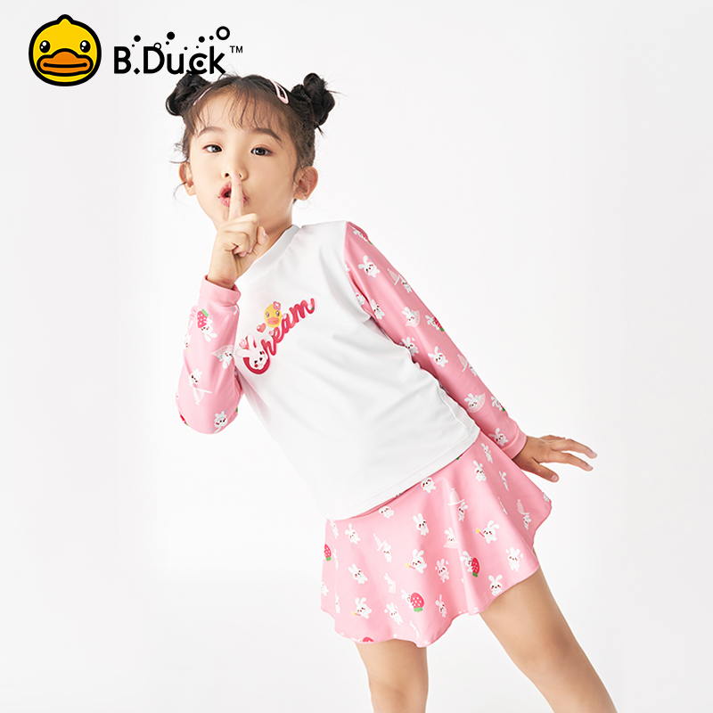 B Duck little yellow duck children's swimsuit girl baby princess dress long-sleeved warm split medium and large children's swimming hot spring