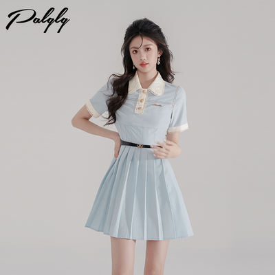 College-style lapel blue cinched waist dress for women in summer, a new sweet and youthful pleated A-line dress for petite women