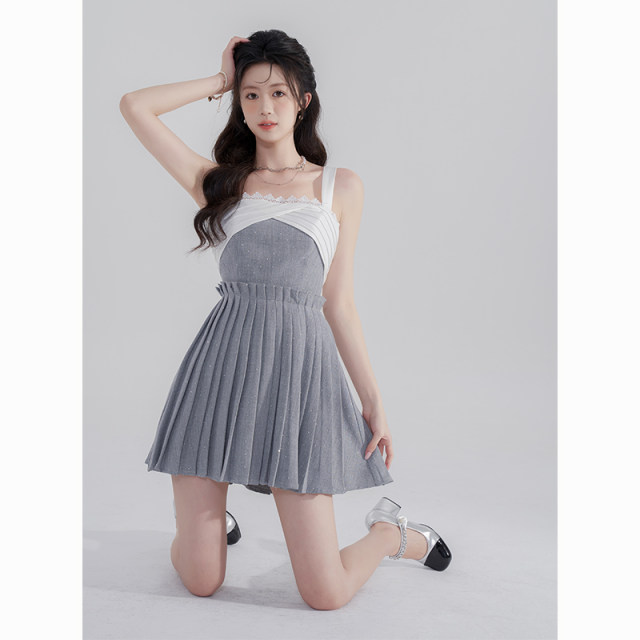 ສາວນ້ອຍ suspender dress ແບບໃຫມ່ niche chic splicing pleated skirt ແອວສູງ temperament skirt ສັ້ນ summer