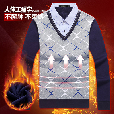 Áo len nam dày của Hengyuanxiang cổ áo sơ mi mùa đông cộng với nhung ấm áo len giả hai mảnh áo len thủy triều - Hàng dệt kim