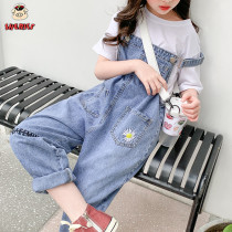 Brand girls bib pants in the big childrens spring and autumn new casual pants girls net red Korean version denim pants tide childrens clothing