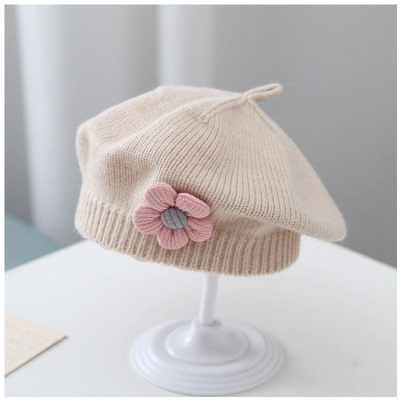 Daily Occasion yarn Material Women's Elegant Lady Solid Color Flower Beret Hat