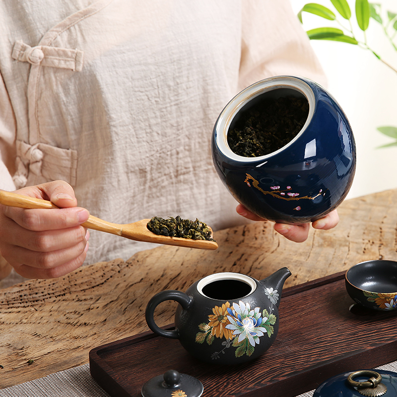Dragon invertors ji blue glaze large caddy fixings kung fu tea set ceramic tea pot round pot seal up tea, tea warehouse