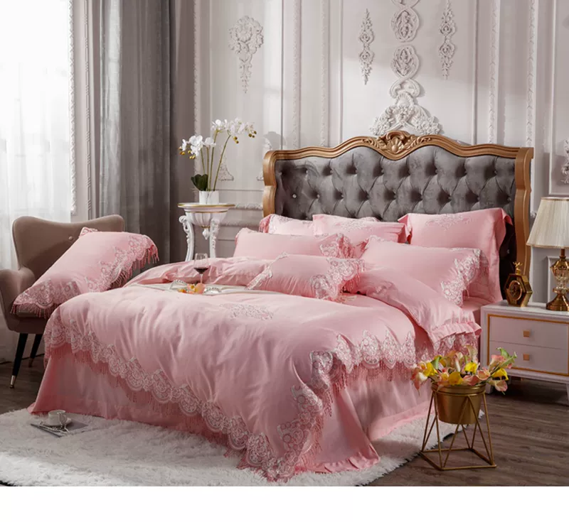 60 miếng bông dài ghim bốn mảnh bông màu hồng công chúa phong cách ren trang trí bộ khăn trải giường và bộ đồ giường cotton satin - Bộ đồ giường bốn mảnh