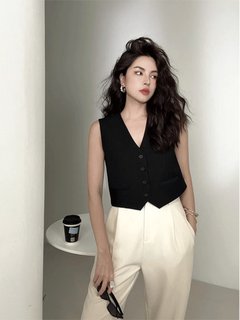 Single-breasted short V-neck black suit vest for women summer