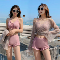 Swimsuit womens three-piece set 2021 new split hot spring conservative flat angle mesh blouse thin cover belly South Korea