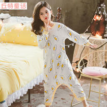Girls spring and autumn cotton conjoined pajamas girls autumn children long sleeve baby anti-cold kick belly home clothing