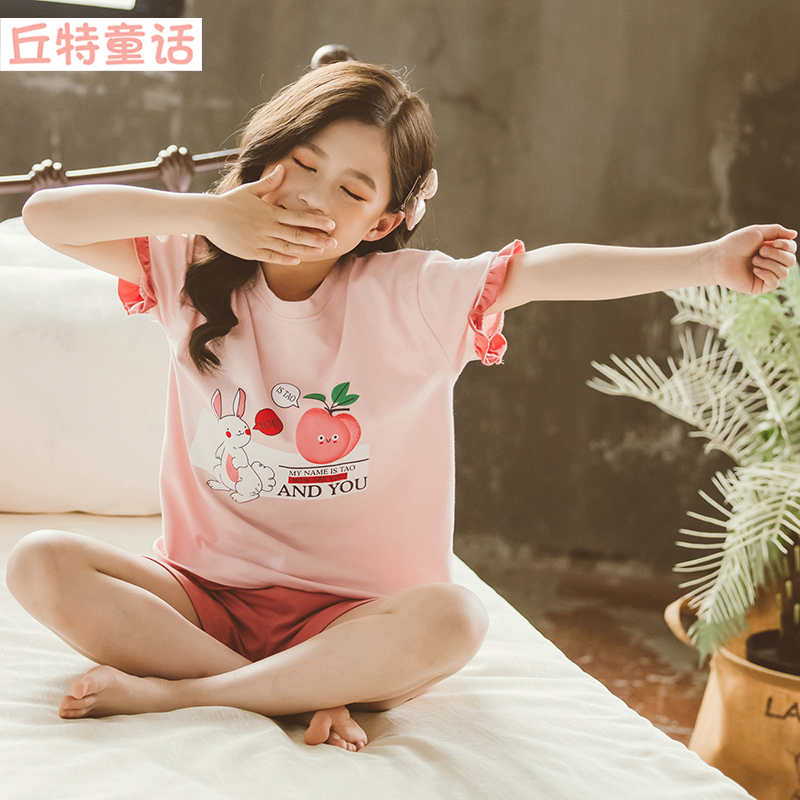 Girls Summer Cotton Pajamas Children Baby Short Sleeve Suit New Girl Student Home Clothes Air Conditioning Clothes Cartoon