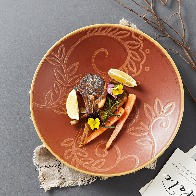 Brand preference European creative steak plate dinner plate of household ceramic tableware relief plate snack plate of restoring ancient ways