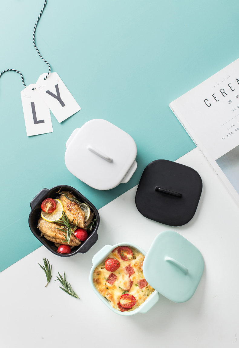 Northern wind ins ceramics with cover ears baking cheese baked baking bake bowl bowl of household microwave oven use
