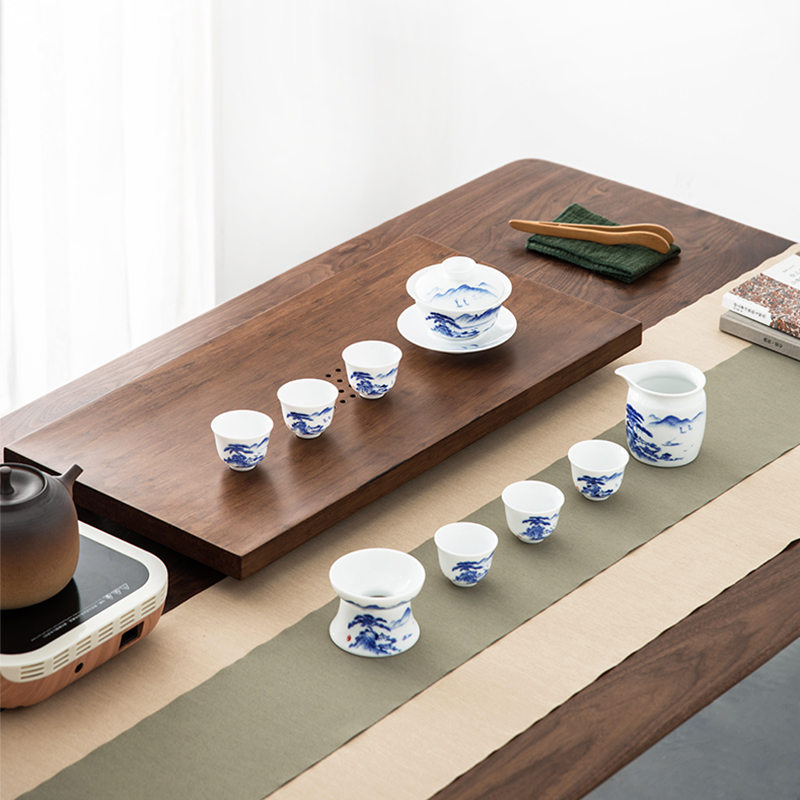 Qiu time Chinese jade porcelain landscape kung fu tea set household ceramic teapot tea cups of a complete set of gift set