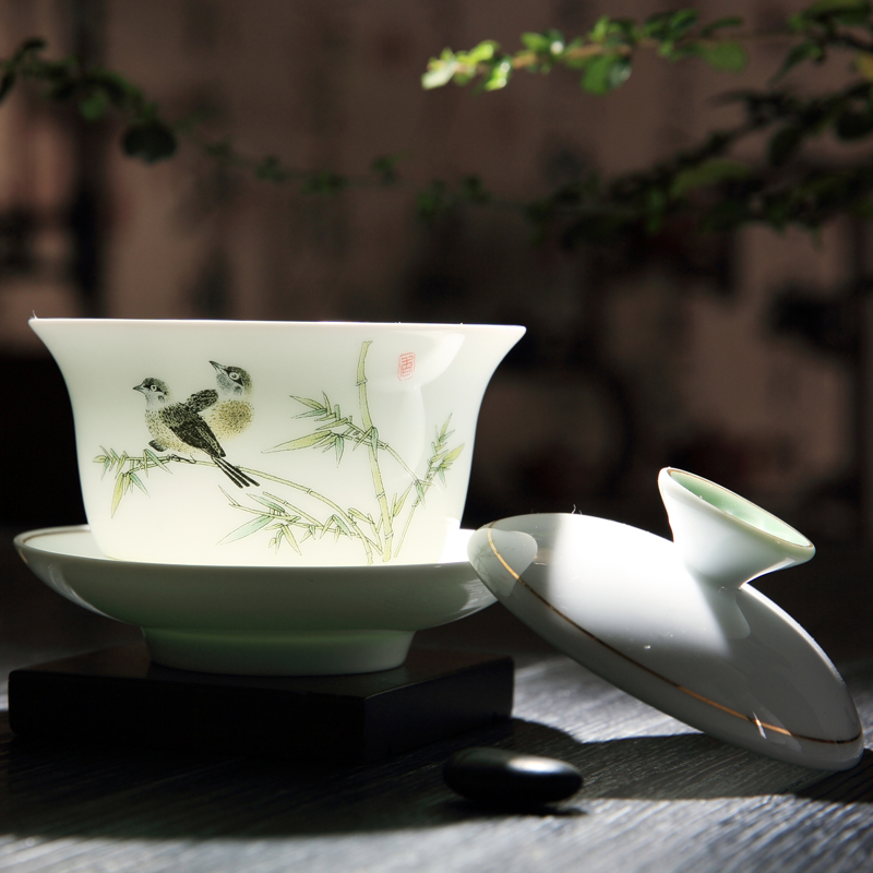 Household ceramics ancient white porcelain kung fu tea tureen tea cup set bowl is only three cups of tea bowl of small size