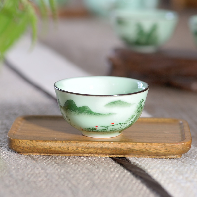 Household ceramic celadon chaoshan kungfu tea set storage double round tray cups a pot of six cups of the teapot