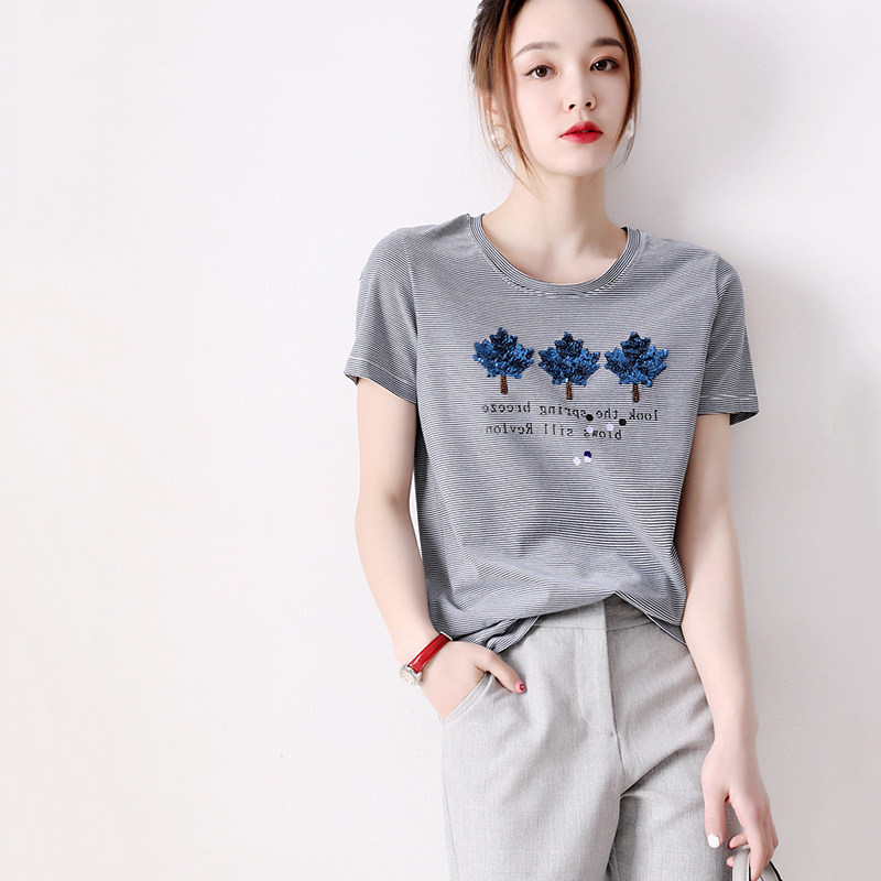 Day series women's clothes Summer new Don't make a bright sheet Maple Leaf Styling with Letters Splash dot Decorative Striped T-shirt