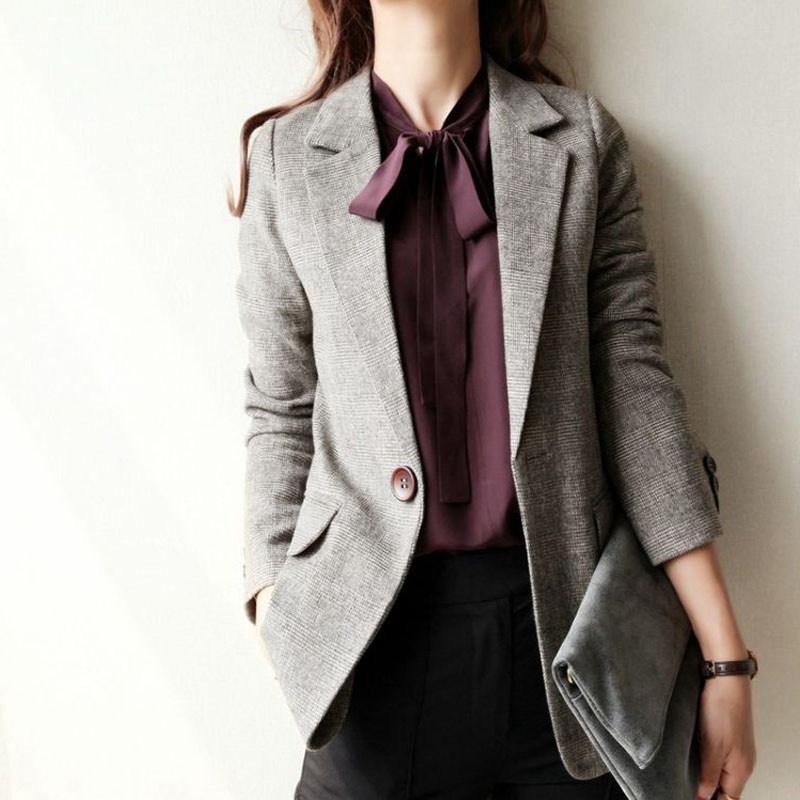 2019 autumn and winter new plaid blazer women's Korean version of the British style light Coffee retro wool slim-fit suit women