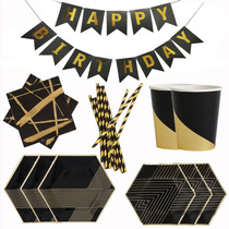 Birthday Party Decoration Black Bronzed Gold Disposable Tableware Hexagon Plate Cup Fork Dessert Table Arrangement Pint