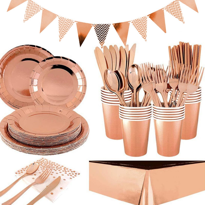Amazon Rose Gold Tableware Set Wedding Holiday Party Decoration Disposable Paper Plates Paper Cups Tablecloth Combination Pack