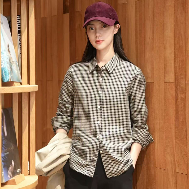 Purely Original Real-Shot Xiaohuo 2026 Spring New All-Cotton Yarn-Dyed Plaid Long-Sleeve Shirt for Women