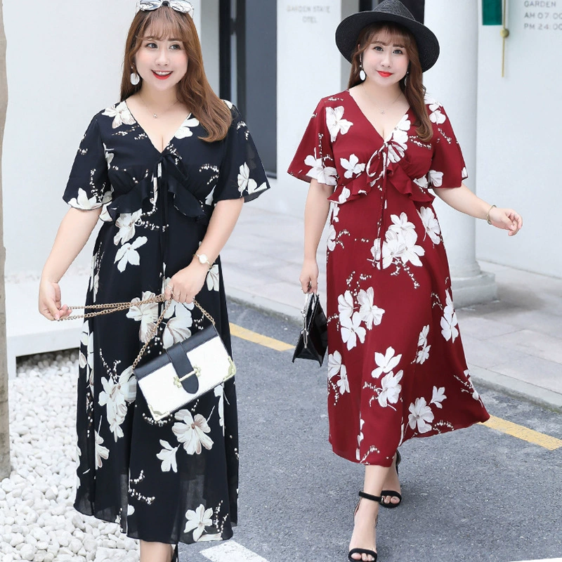 Thừa cân cộng với size váy của phụ nữ Pháp thích hợp £ 200 đầu gối 2019 phần dài đầm voan - Váy eo cao