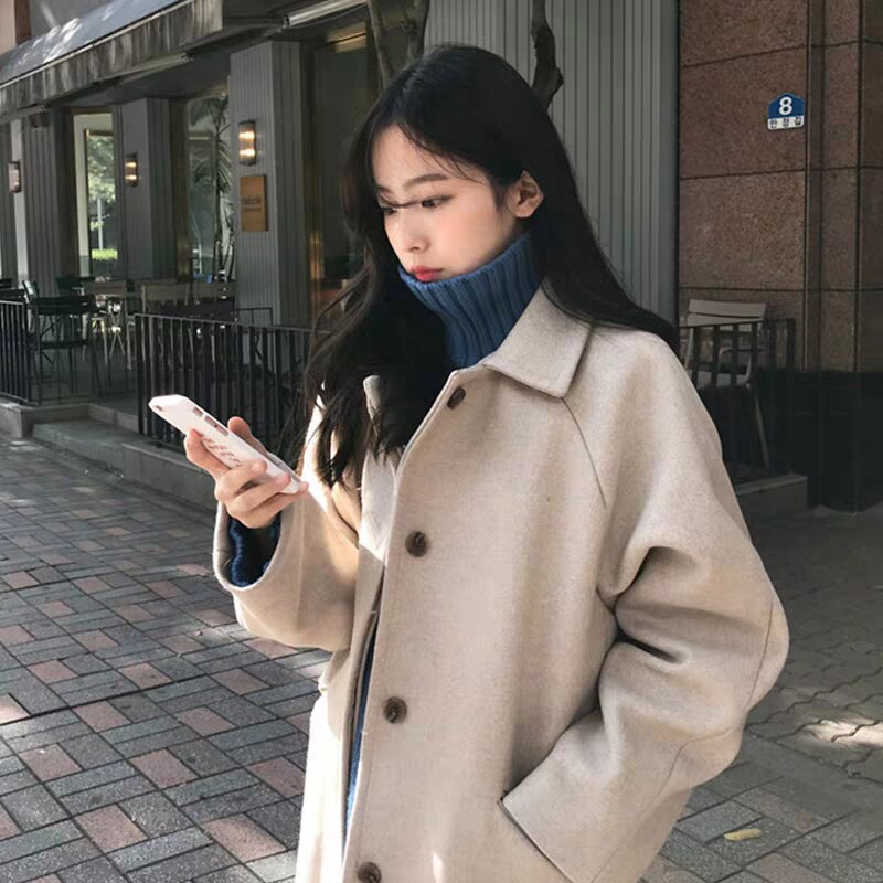 小个子中长款呢子大衣女2019秋冬新款韩版宽松百搭加厚纯色外套女