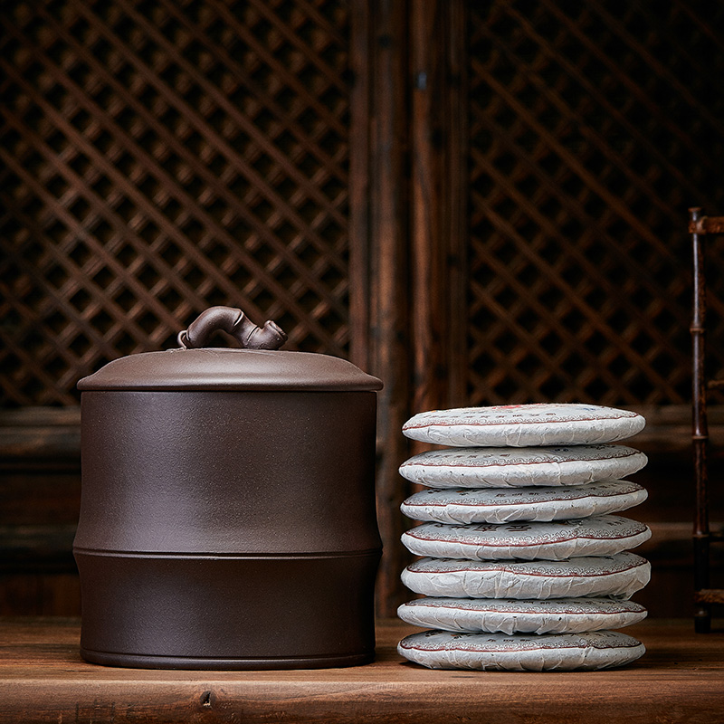 Statute of mud TaoGe yixing purple sand tea pot size seven cake sealed tank manual puer tea cylinder wake tea storage tanks