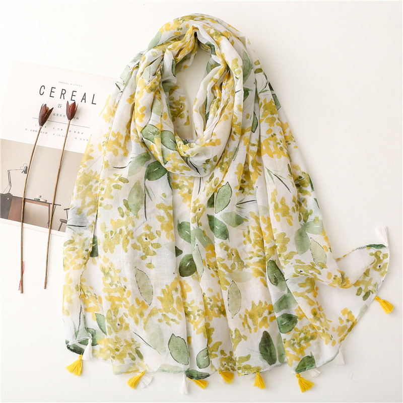 Fresh and Simple Plain Bali Yarn Cotton and Linen Feel Scarf for Women, Fruit Green and Bright Yellow Leaf Print Tassel Shawl Fresh and Simple Plain Bali Yarn Cotton and Linen Feel Scarf for Women, Fruit Green and Bright Yellow Leaf Print Tassel Shawl