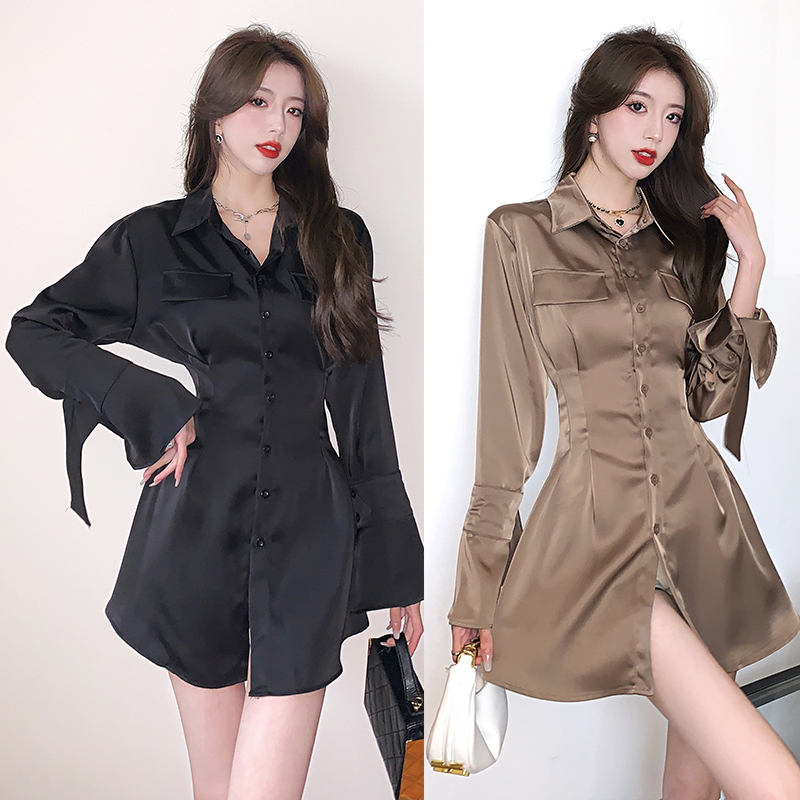 2025 Early Autumn Glossy Satin Draped Shirt Dress Hepburn Style Bell Cuffs Women's Waist A-Hem Dress