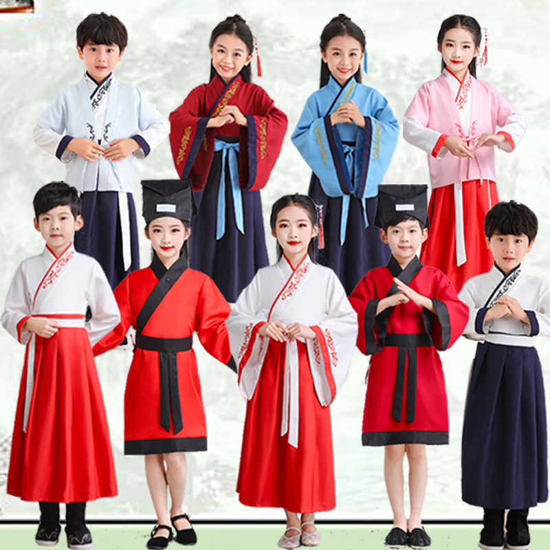 Calligraphy and painting Go ancient costume Chinese school Hanfu boys and girls open pen ceremony book children's three-character script by disciples to perform costumes