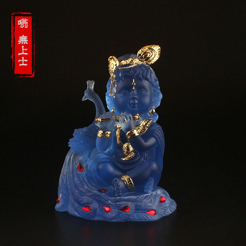 クリシュナ像、模造ガラス製ヒンドゥー教の神像、ヴィシュヌ・クリシュナ工芸樹脂装飾品、縁起の良い青いガラス。