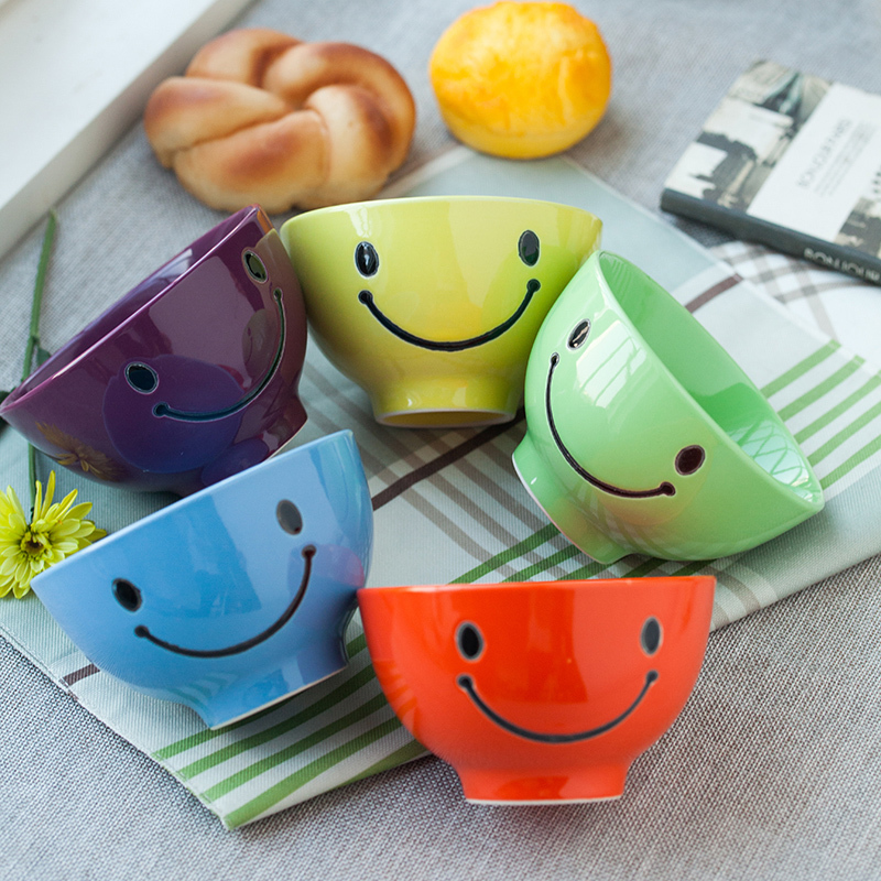 Jingdezhen Creative Color Smiling Face Bowl Japan Style ceramic Home Eating Bowls Cute Cartoon Personality Cutlery Sets