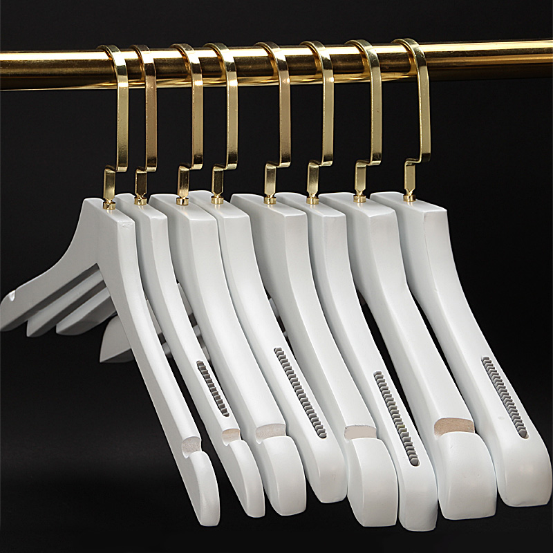 Adult male and female white wooden clothes store special clothes shelves household hanging clothes anti-slip uncertain gold hook