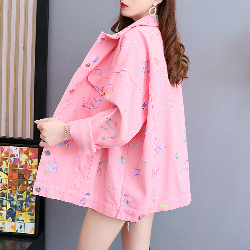 Trendy Loose Denim Jacket 2026 Spring and Autumn New Women's Fashion Popular Versatile Outerwear Printed Top