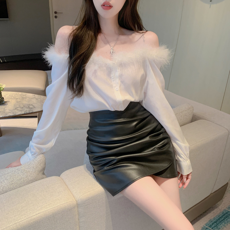 Sweet One-Shoulder Furry Long-Sleeved Shirt for Women, Spring Thin Design, Niche Loose-Fitting Shirt, Short Top Sweet One-Shoulder Furry Long-Sleeved Shirt for Women, Spring Thin Design, Niche Loose-Fitting Shirt, Short Top