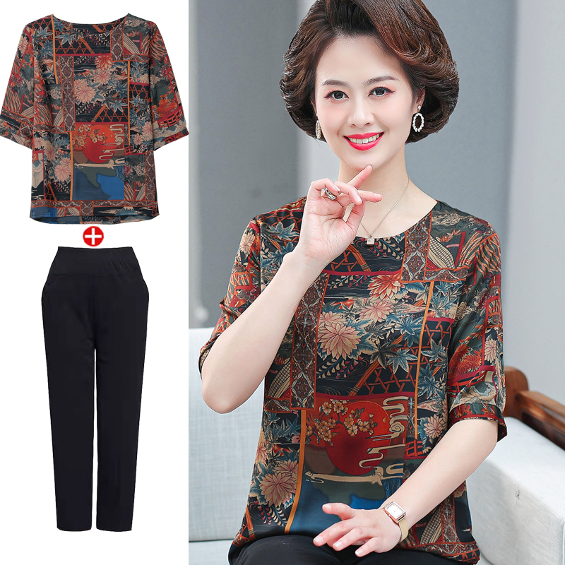 Middle-aged and elderly women's clothing weighs in real silk blouses female noble moms summer clothing printed fragrant cloud yarn suit short sleeve t-shirt