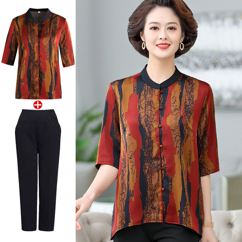 Middle Aged Seniors Plus Fat Increase Code Summer Real Silk Shirt Woman Middle Sleeve Fat Mom Loaded old lady Fragrant Clouds Veil blouse
