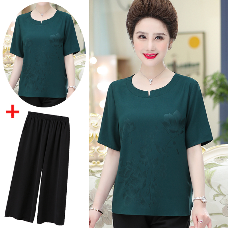 Middle-aged fat mother summer dress Hangzhou silk top female Western style suit mulberry silk short-sleeved t-shirt plus fertilizer plus size