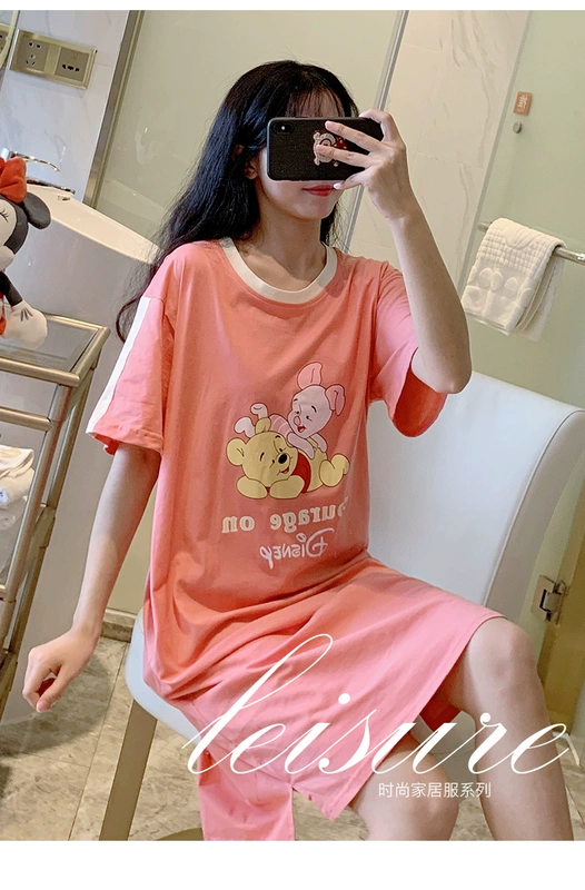 Váy ngủ nữ mùa hè tinh khiết cotton mỏng ngắn tay dễ thương gấu dài đồ ngủ sinh viên cỡ lớn cotton lưới màu đỏ dịch vụ tại nhà - Đêm đầm