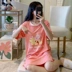 Váy ngủ nữ mùa hè tinh khiết cotton mỏng ngắn tay dễ thương gấu dài đồ ngủ sinh viên cỡ lớn cotton lưới màu đỏ dịch vụ tại nhà - Đêm đầm