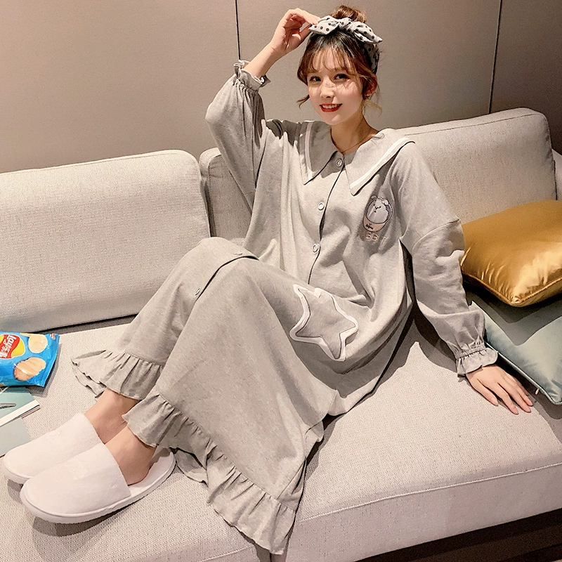 Bộ đồ ngủ nữ mùa xuân và mùa thu cotton tinh khiết dài tay ngọt ngào và đáng yêu ngôi sao áo sơ mi dài kiểu dáng váy ngủ Hàn Quốc phục vụ tại nhà - Đêm đầm