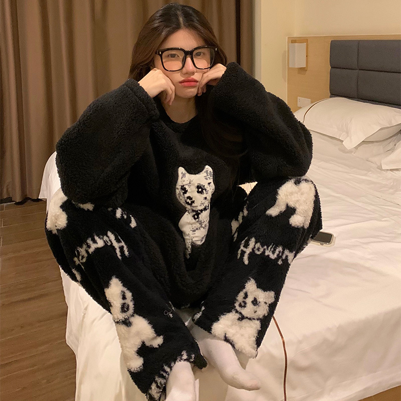 Black Puppy Coral Fleece Pajamas for Women, Winter Style, Flannel, Fleece-Lined, Thickened, Autumn and Winter Pullover Loungewear Set
