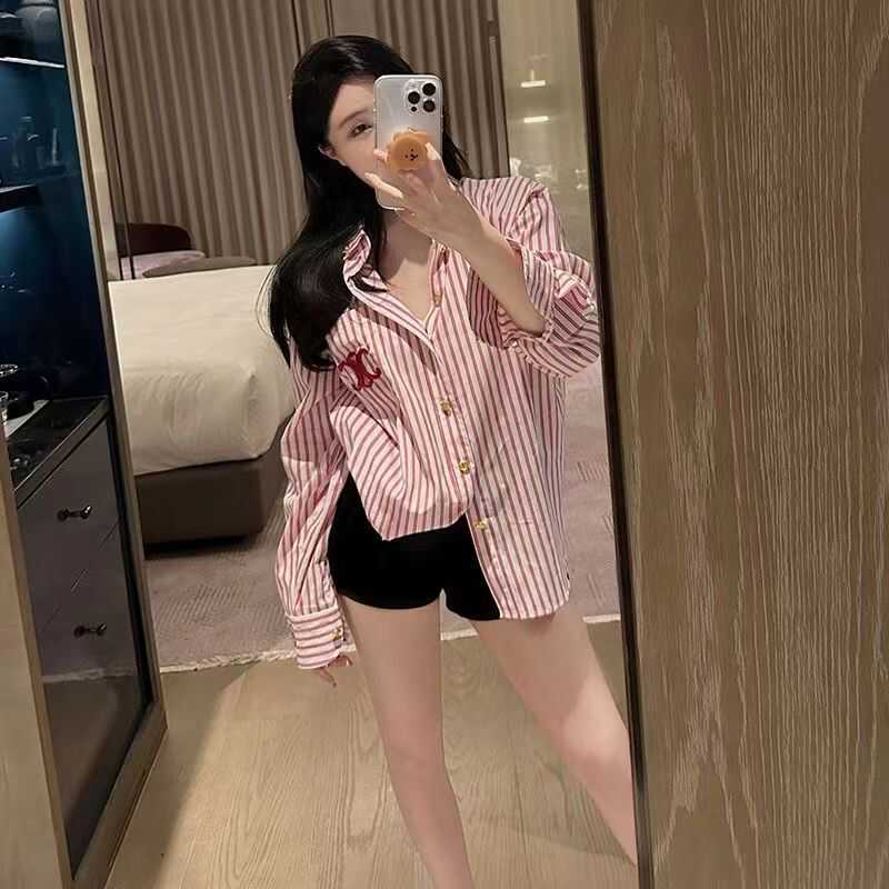 High-End Embroidered Red Striped Shirt for Women, 2024 New Design, Niche Loose Long-Sleeved Shirt Top, Trendy High-End Embroidered Red Striped Shirt for Women, 2024 New Design, Niche Loose Long-Sleeved Shirt Top, Trendy