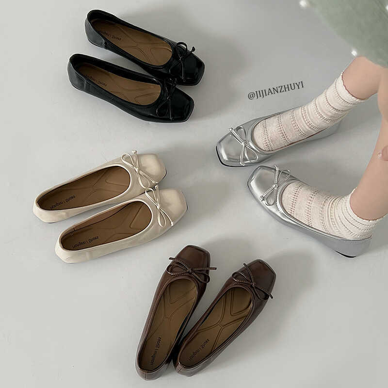 Minimalism 2025 Spring/Summer New Bowknot Square-Toe Flat Shoes Silver Shallow Mouth Gentle Loafers Minimalism 2025 Spring/Summer New Bowknot Square-Toe Flat Shoes Silver Shallow Mouth Gentle Loafers