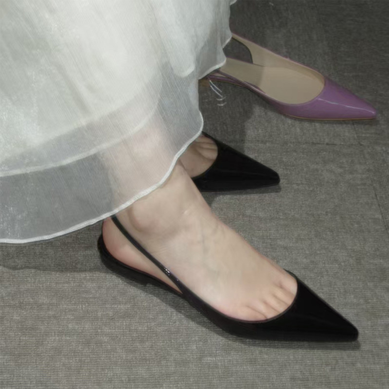26 Summer New French Style Pointed Toe Flat Mules Women's Commuting Versatile Shiny Round Toe Back Strap Sandals