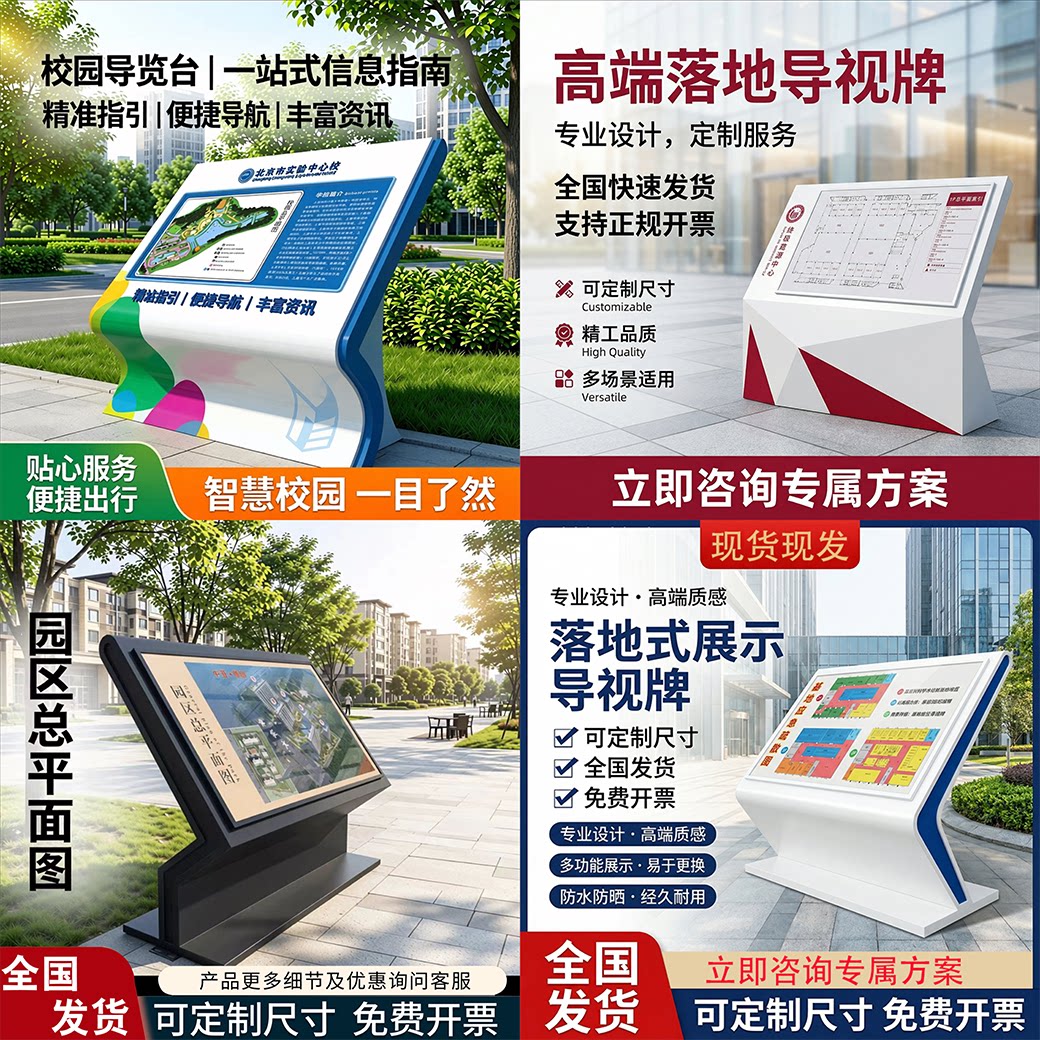 ショッピングモールの案内標識、公園のフロアガイド、床から天井まで傾斜したインフォメーションデスク、コミュニティのフロアプラン、屋外の自立式方向指示標識