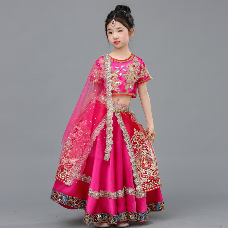 New Exotic Indian Dance Ethnic Style Children's Dance Costume with Contrasting Color Embroidery Saree Top and Large Skirt Set New Exotic Indian Dance Ethnic Style Children's Dance Costume with Contrasting Color Embroidery Saree Top and Large Skirt Set