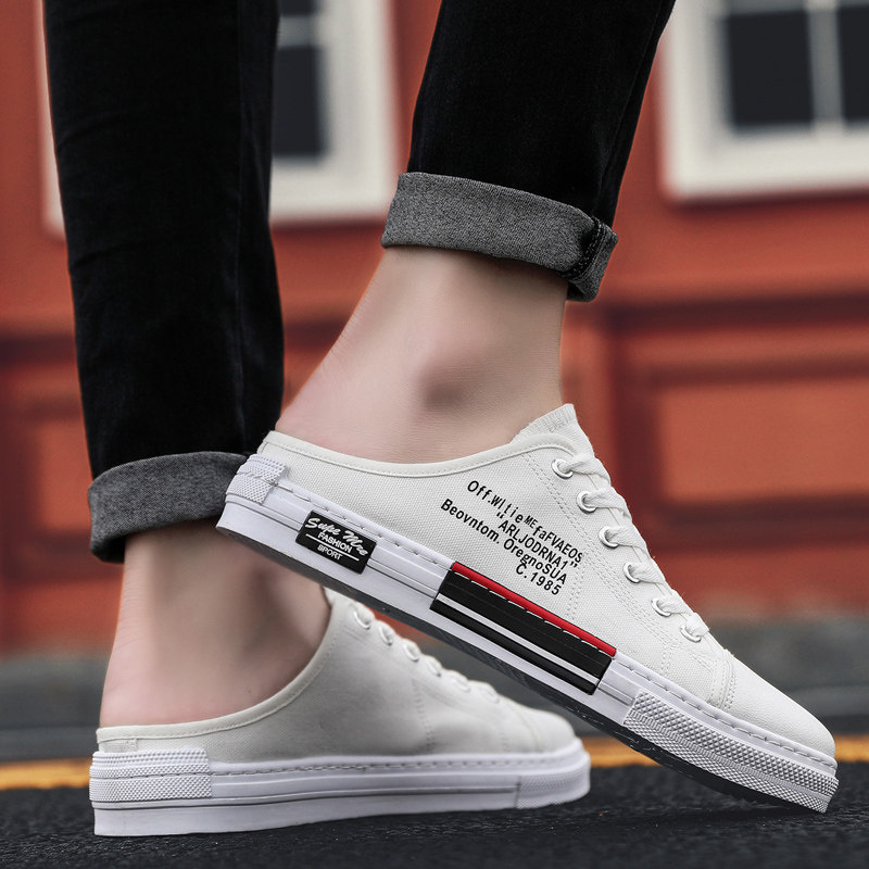 Tide brand 2022 summer men's personality wear half-slippers canvas no heel lazy one-step toe sandals