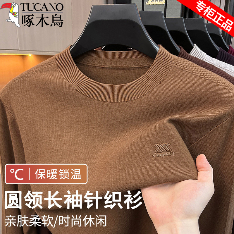 啄木鸟针织衫男士春秋款保暖衫圆领薄款毛衣男长袖t恤线衣打底衫