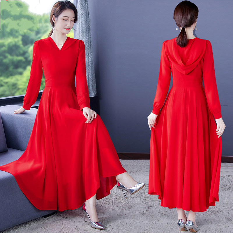 Summer Super Fairy-Like Beach Dress Red Chiffon Desert Long Dress Women's Travel Hooded Long-Sleeved Dress Extra Long Style