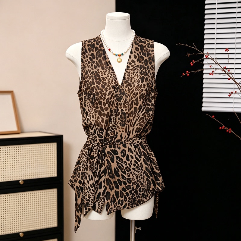 High-End V-Neck Leopard Print Sleeveless Vest Top for Women, 2026 Summer New Fashion Stylish Youthful Slimming Shirt